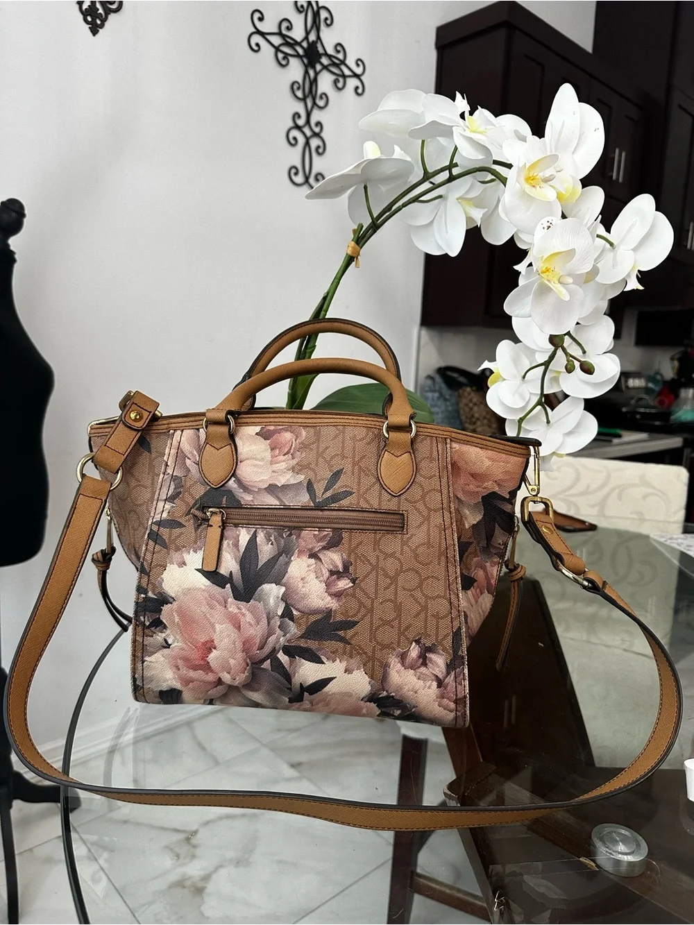 Calvin Klein Floral Monogram Satchel Bag in Brown